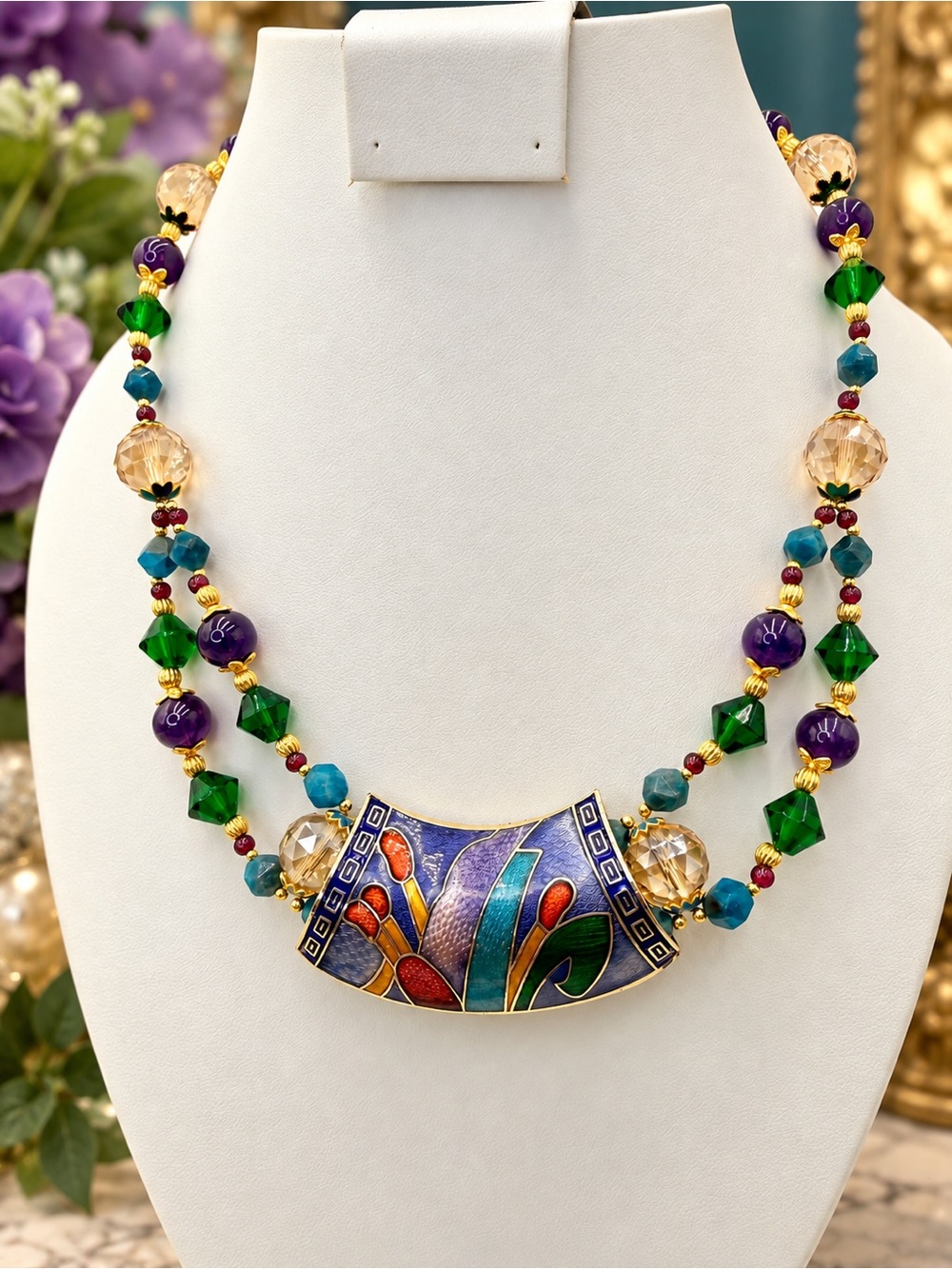 Artisan Amethyst Apatite Garnet Crystal Cloisonné Double Strand Necklace 18”